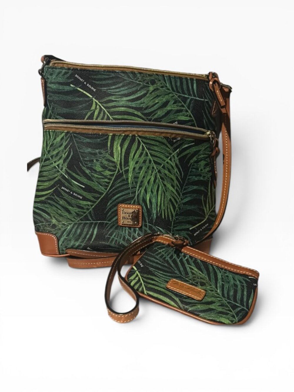 Dooney & Bourke Palm Leaf Crossbody Bag + Matching Wristlet Tropical EUC - Picture 4 of 15